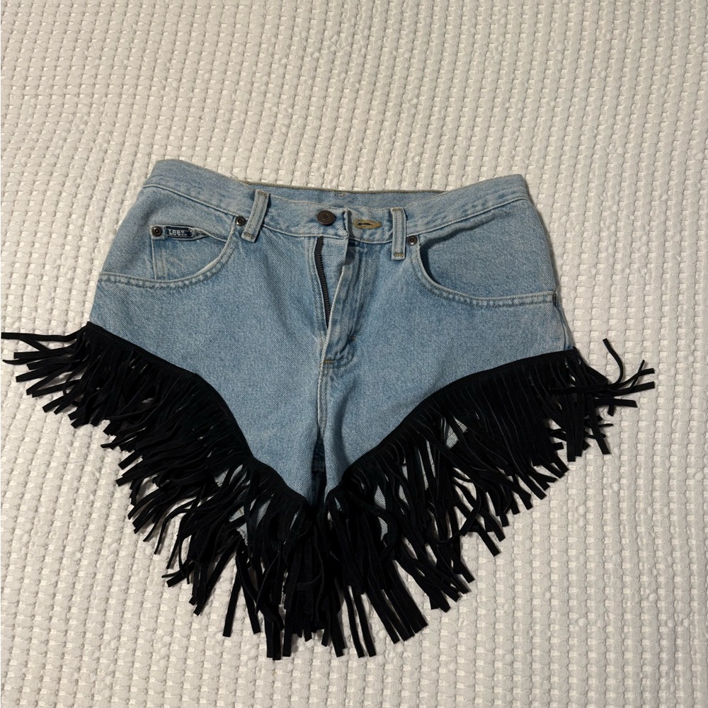 Custom Denim Shorts with Black Fringe